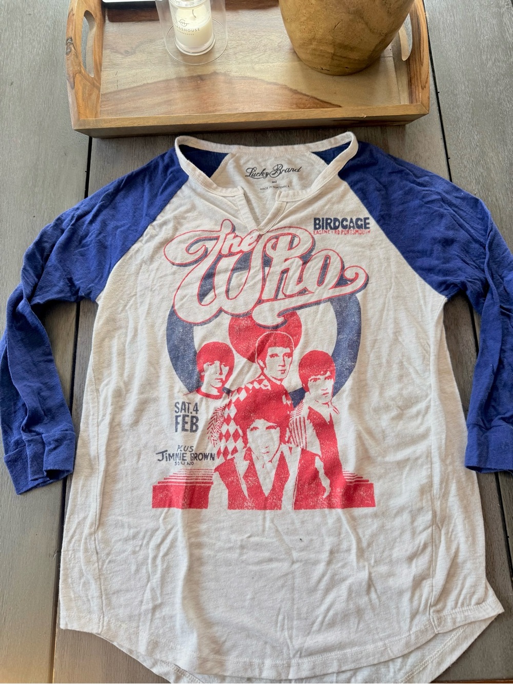 The Who band tee bLucky Brand White Tee with Blue Raglan Sleeves and Red Graphic